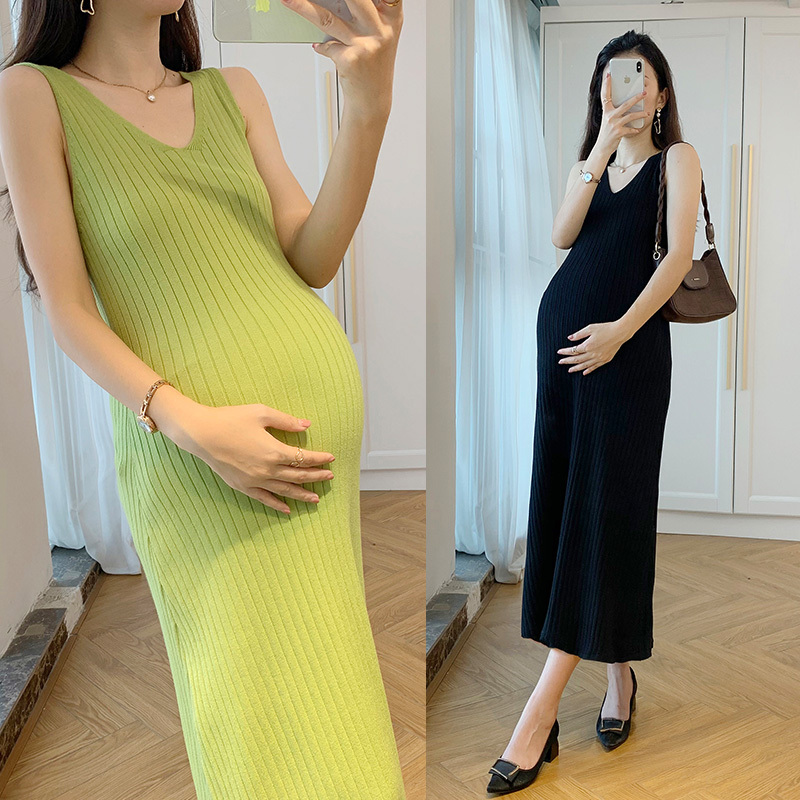 Spring Maternity Wear Mid-Length Plus Size Knitted Dress Camisole Dress Late Pregnancy Maternity Dress Long