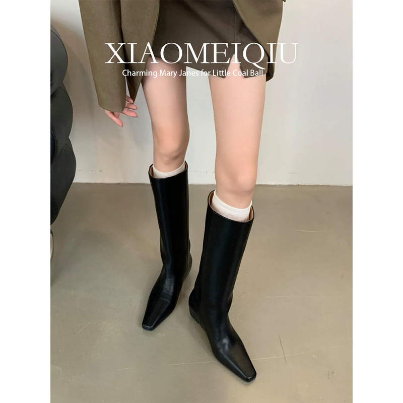 Genuine Leather ~ 5cm Height Increase for Petite Women, Square-Toe Long Boots, Black Over-The-Knee Straight Boots, Leg-Slimming Riding Boots
