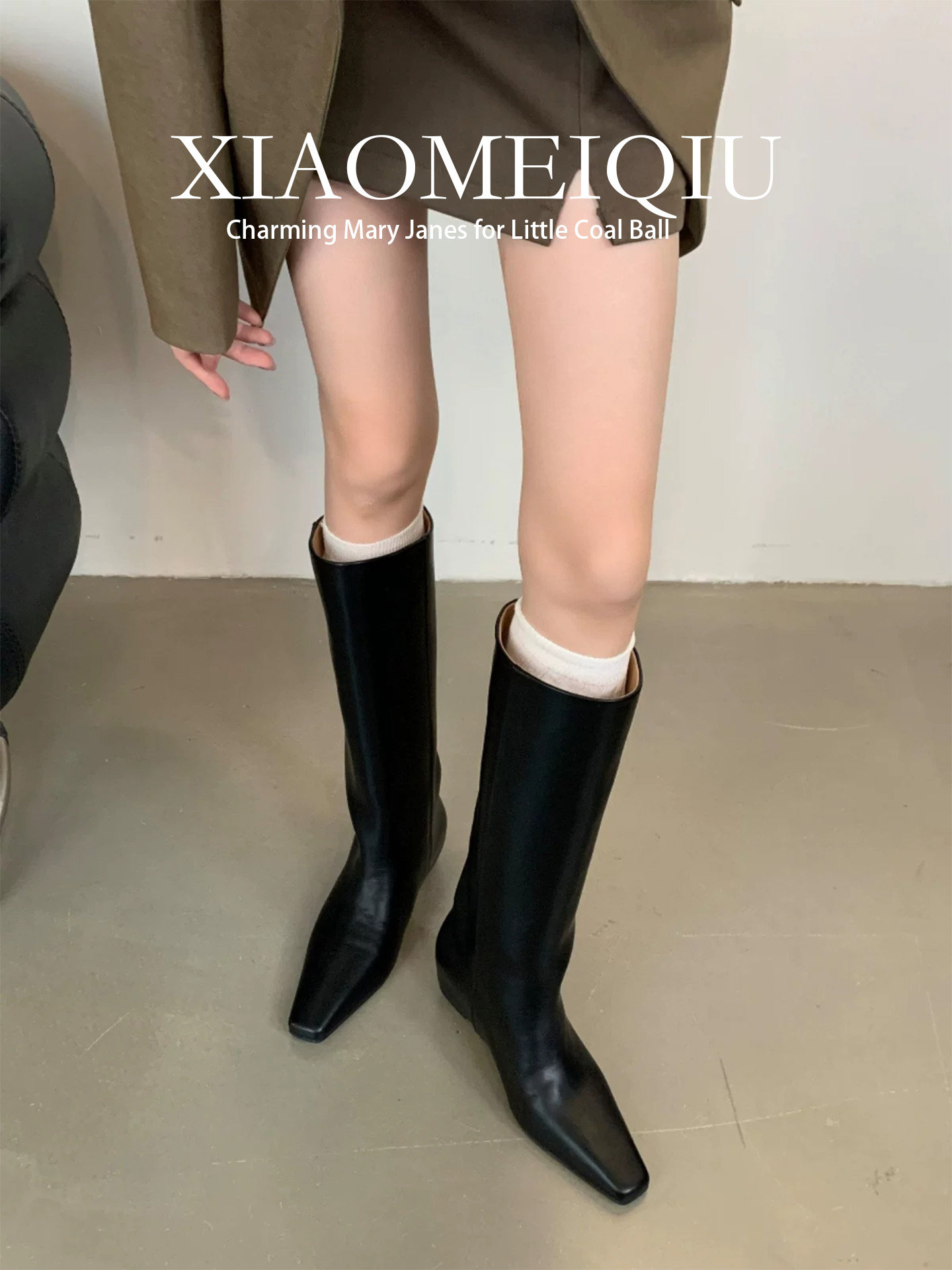 Genuine Leather ~ 5cm Height Increase for Petite Women, Square-Toe Long Boots, Black Over-The-Knee Straight Boots, Leg-Slimming Riding Boots