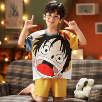 Childrens pajamas Boys summer thin short-sleeved pure cotton boys middle and large childrens baby home clothes summer loose suit
