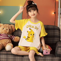 Childrens pajamas girls summer pure cotton short-sleeved thin cartoon middle and large virgin girl princess summer home wear set