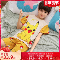 Childrens pajamas boys short-sleeved cotton summer thin boys middle and big children cartoon baby cotton home suit suit