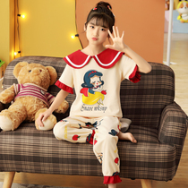  Childrens pajamas girls summer short-sleeved trousers pure cotton thin spring and Autumn princess girl middle and large childrens home clothes set