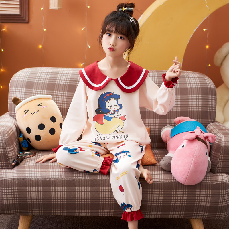 Children's pajamas girls spring and autumn cotton long sleeves thin cartoon big boy little girl princess home wear set
