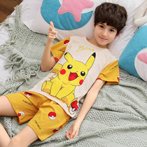  Childrens pajamas Boys short-sleeved pure cotton summer thin section boys middle and large children cartoon baby cotton home clothes set