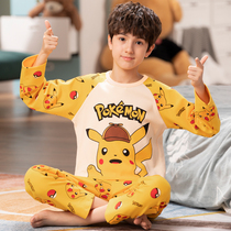  Childrens pajamas Boys spring and autumn long-sleeved pure cotton thin cartoon boy middle and large childrens baby autumn home service suit