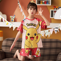  Childrens pajamas summer thin girls pure cotton short-sleeved princess girl middle and large childrens baby cute home clothes set