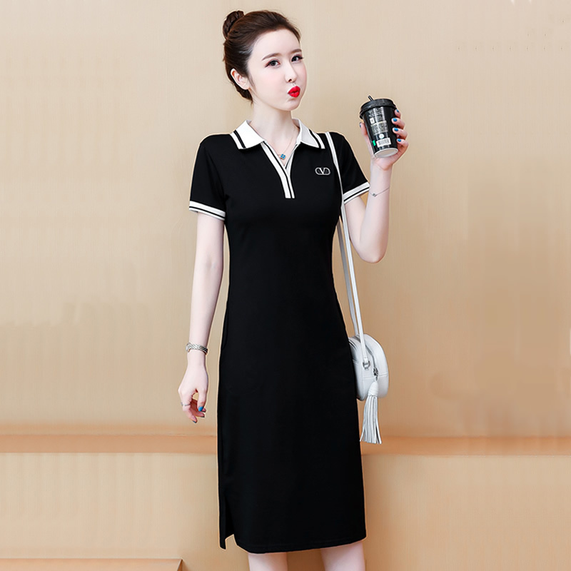 Elegant Pure Cotton Polo Dress, Knee-Length Long Dress, Summer Plus Size, Tummy-Covering, Mid-Length, Loose, Slimming T-Shirt Dress