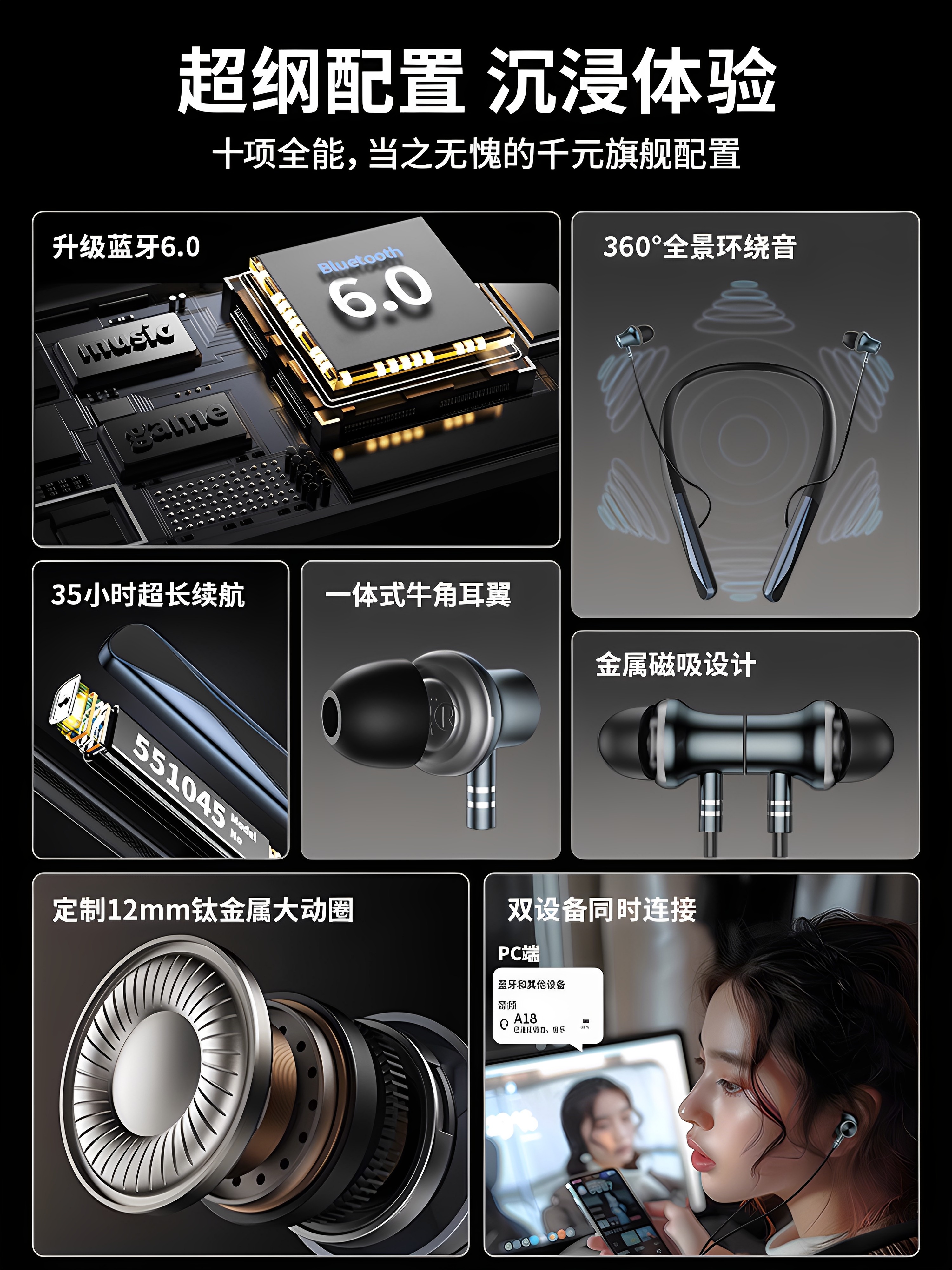 Senhomtog Neck-Mounted Bluetooth Headset, Dedicated for Sports and Running, Wireless Long-Lasting Bluetooth 2025 New Model