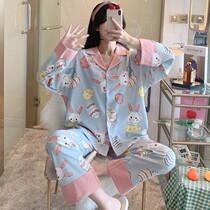  Long-sleeved cardigan pajamas womens 2021 spring and autumn and winter new can be worn outside casual home wear suit net red explosion
