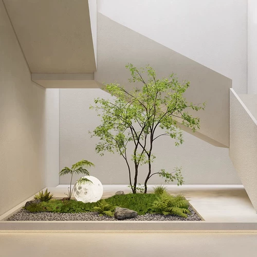 Имитация бамбуковых зеленых растений нандина, ландшафтный микроландшафт из клена с куриными когтями, мягкая отделка, украшения из искусственных деревьев под лестницей во внутреннем дворике виллы.