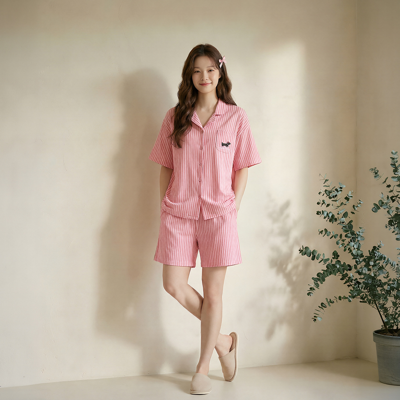 Naturabacio Summer Pure Cotton Pajamas, Striped Shirt Collar, Cool Antibacterial Shorts, Can Be Worn Outside as Home Clothes for Women