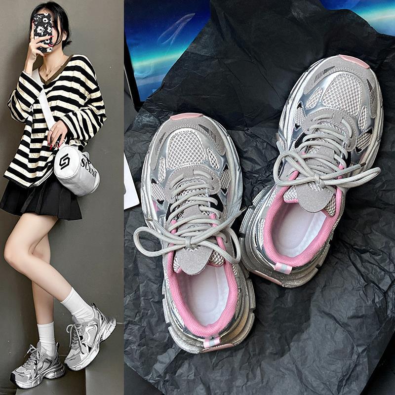 Brand Official Website Gray-Pink Thick-Soled Dad Shoes for Women, Spring and Summer Breathable Mesh Sneakers for Junior High School Students, Popular Style