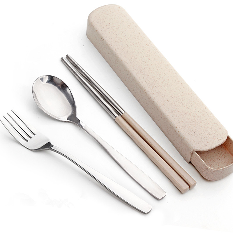 Stainless steel cutlery set portable outdoor Children students field three-piece set chopsticks spoon storage box office workers