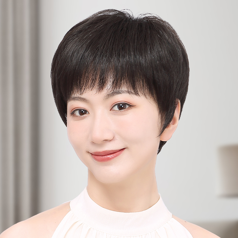 Wig for Women, Full Head Cover, Real Human Hair, Short Hair, Real Hair Wig, Daily Natural Style, Middle-Aged and Elderly Mother Style, Real Hair