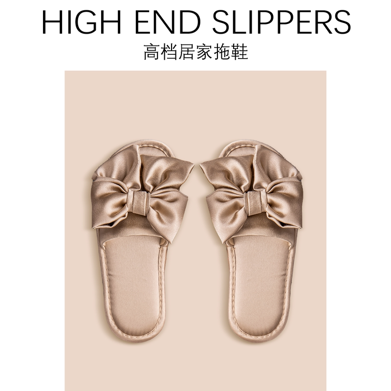 French-Style Light Luxury High-End Slippers for Women, Bow-Knot Satin Indoor Slippers, High-Quality Satin Slippers with Soft Soles for Spring and Autumn