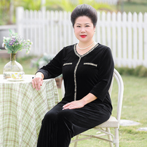 Fat mother Spring suit middle-aged and old size womens loose foreign mother gold velvet sportswear two-piece set