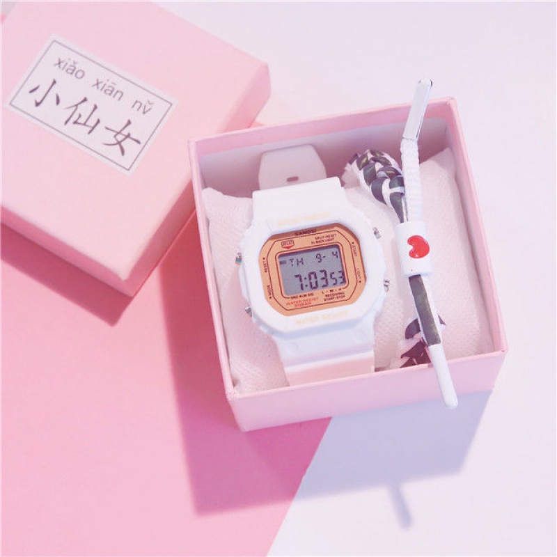White Belt Rose Gold (Gift Box + Battery + Bracelet)ins Academic atmosphere Internet celebrity led Electronics Wrist watch girl high school student junior school student Korean version Simplicity waterproof unicorn