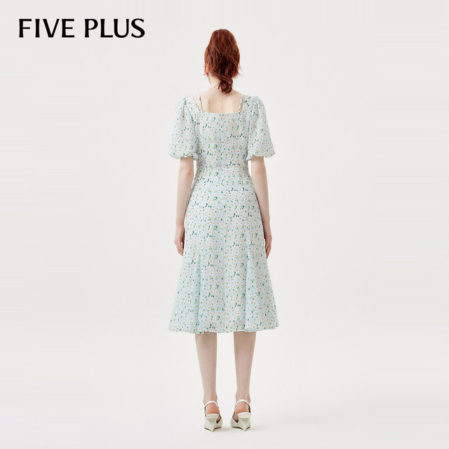 FIVEPLUS dress women's small fresh floral high waist puff sleeve chiffon skirt 2023 new women's summer dress