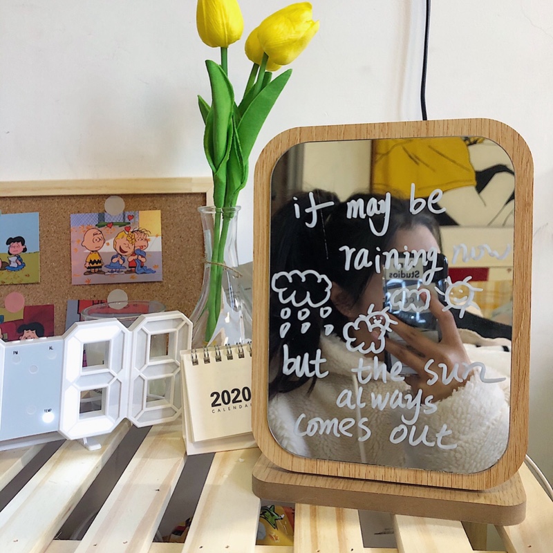 ins wind woody makeup mirror student dormitories portable desktop desktop adjustable mirror pendulum to send white pen-Taobao