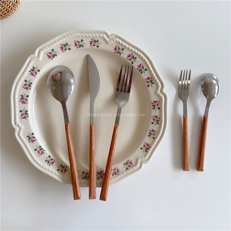ins Han wind imitation wood handle Stainless Steel Knife Fork Spoon Sweet steak Western Dining Soup Spoon Fruit Cutlery 5 pieces