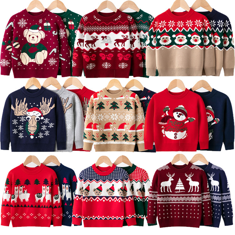 Boys and Girls Sweater Christmas Reindeer Children's Knitwear Spring and Autumn Clothing Thin Pullover Color-Blocking Baby Base Shirt Trendy