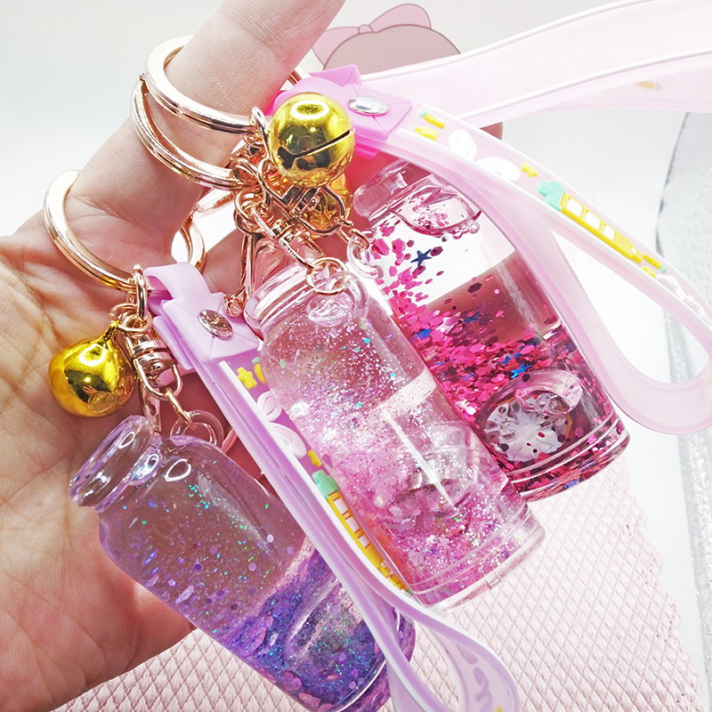 Milk Bottle Liquid Flow Sand Luminous Keychain Cute and Fun Accessory Silicone Glow-In-The-Dark Leather Cord Student Bag Charm