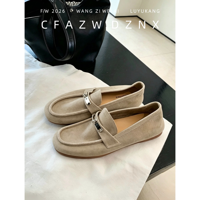 Soft Sheepskin~Genuine Leather Height-Increasing British Style Buckle Loafers for Women, New Spring Model, Round-Toe Slip-On Moccasins