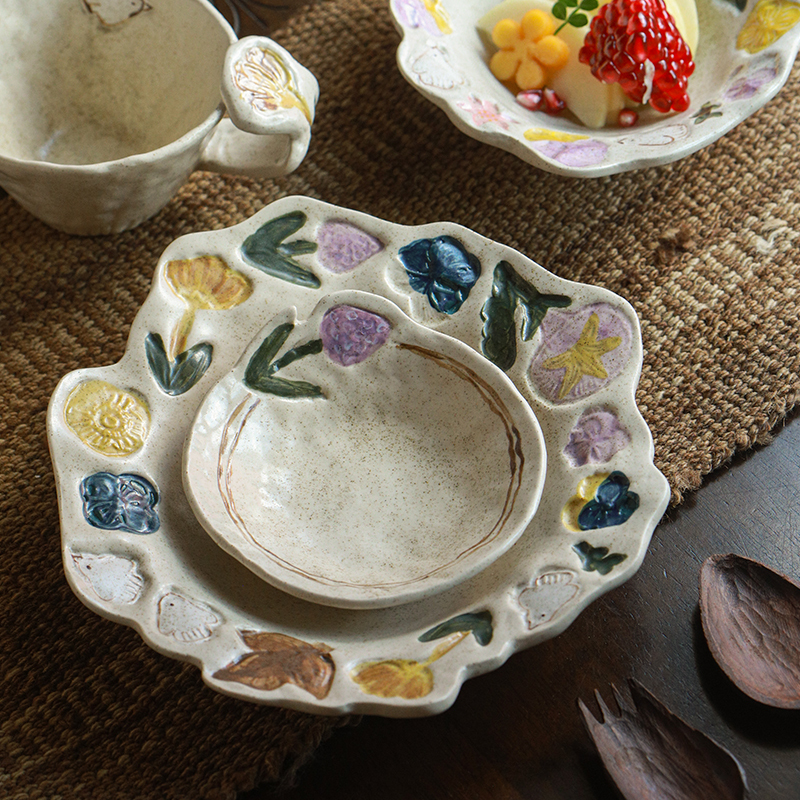 Japanese-Style Retro Coarse Pottery Handmade Tableware Set with Underglaze Color, Niche Design, Suitable for One Person, Gift for Birthday