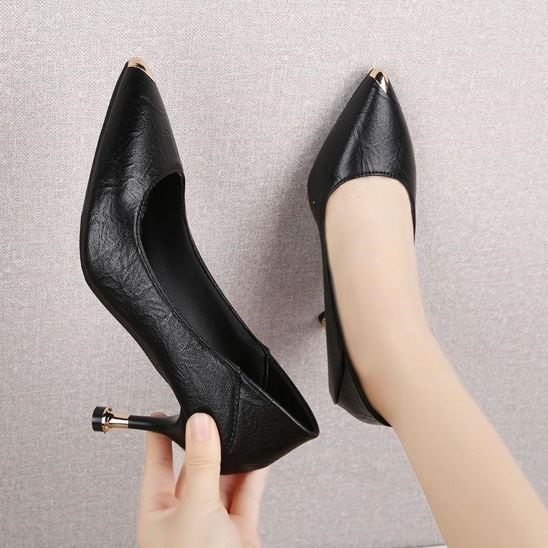 2021 Spring new true soft leather pointed High heel Single shoe woman Sexy fine heel Wind Shallow Oral Career Working Shoes (3