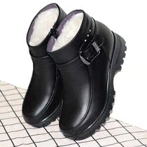 Winter middle aged thickening warm cotton shoes flat bottom Mom shoes midlife soft bottom non-slip short boots gush leather shoes women