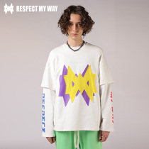  RESPECT MY WAY FAKE TWO-piece SWEATER mens trendy brand Japanese hip-hop Harajuku style round neck shirt