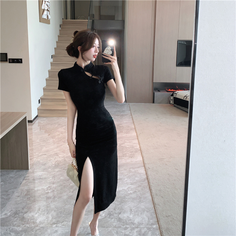 Republic of China Style New Chinese-Style Improved Cheongsam Mid-Length Feminine Slit Sexy Elegant Slimming Figure-Flattering Dress Republic of China Style New Chinese-Style Improved Cheongsam Mid-Length Feminine Slit Sexy Elegant Slimming Figure-Flattering Dress