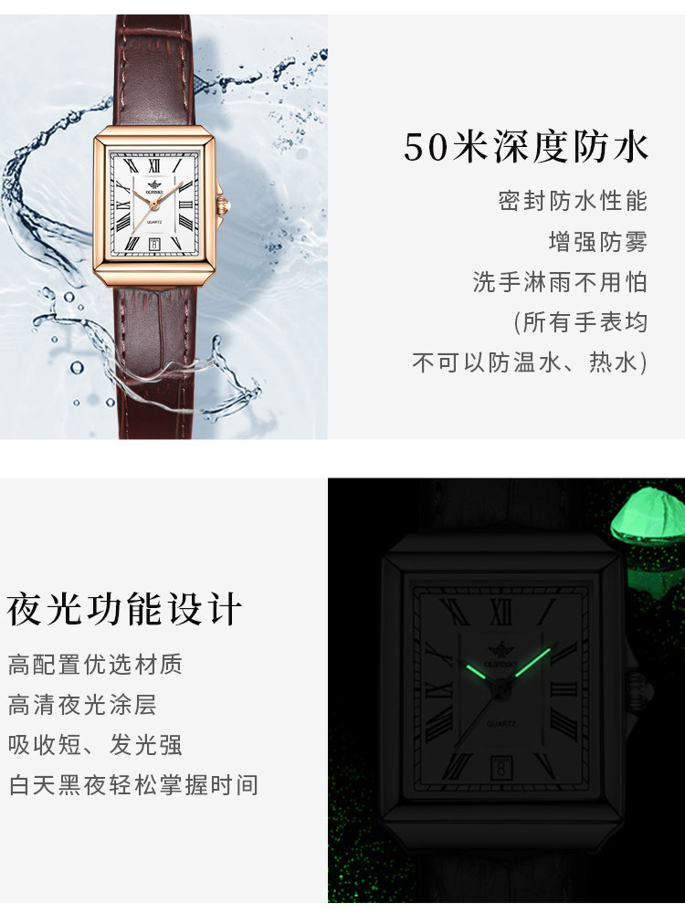 Swiss Oupinke Brand Genuine Small Brown Watch Women's Watch Fashion Light Luxury Small Square Women's Quartz Watch