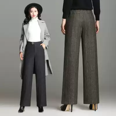 Wool tweed wide leg pants women autumn and winter new vertical stripe casual woolen trousers high waist loose plaid straight pants