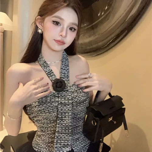 Горный чай, вязаный короткий топ без рукавов, стиль Chanel, облегающий