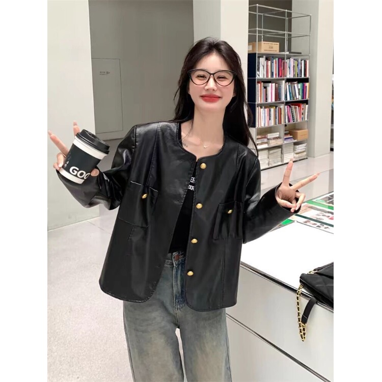 Round Collarless Leather Jacket, Spring and Autumn 2026, Short New Style Pu Leather Jacket, Petite Trendy Street Style Top