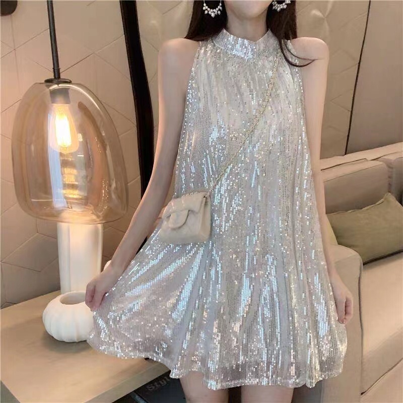 Very Fairy-Like Niche Sequin Dress for Women, Trendy 2026 Summer New Style, Loose and Slimming Sleeveless Tank Dress, Short Skirt