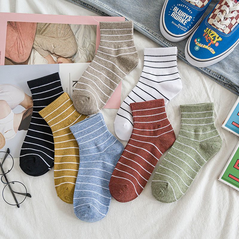 袜子女秋冬季韩国ins潮中筒袜棉可爱日系网红款条纹纯色女中长袜