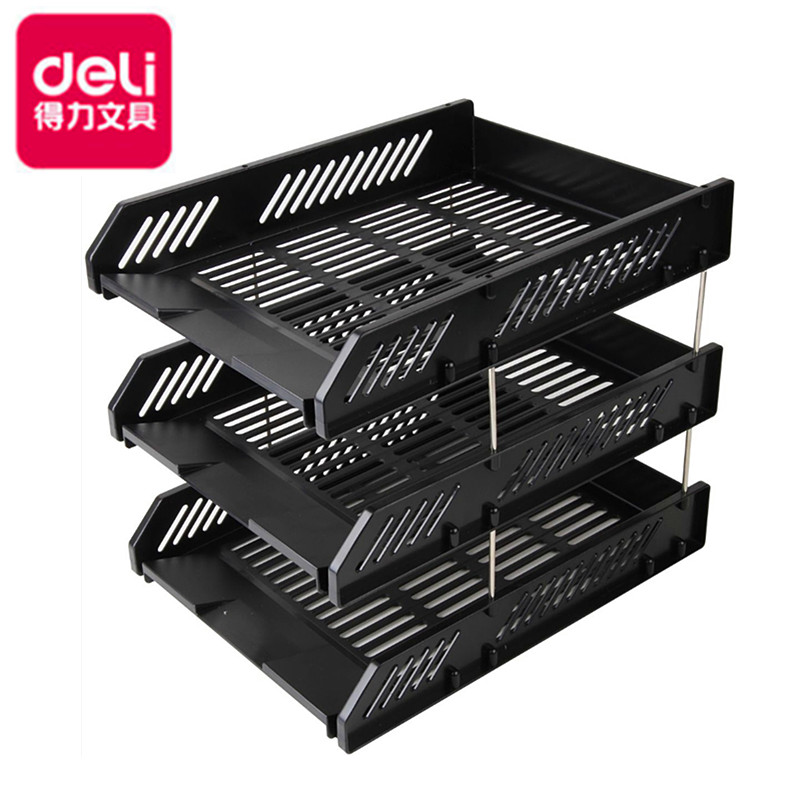 Deli three-layer document tray 9209 horizontal document frame black blue gray document holder Desktop stationery file storage and finishing Flat stacked layer by layer information books and magazines document rack