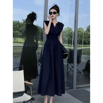 High-end design French temperament vest black pleated waist slimming and stylish mid-length dress for women summer