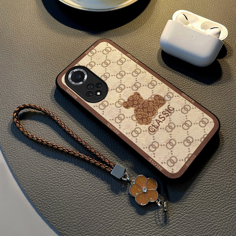 Suitable for Huawei Honor 50 Phone Case, New Honor50Pro Protective Cover, Silicone Full-Cover Anti-Drop Fabric Texture Trendy Lanyard Luxury Unisex High-End Cartoon Violent Bear Simple Trendy