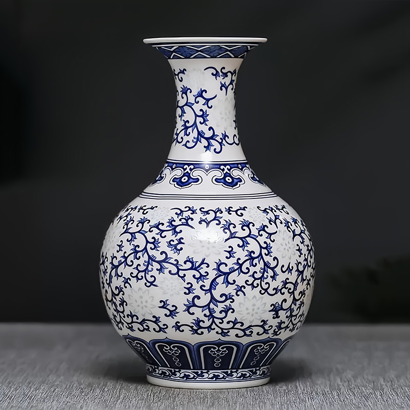Jingdezhen Handmade Ceramic Blue and White Exquisite Bone China Vase for Flower Arrangement, Modern Chinese-Style Living Room Display Piece