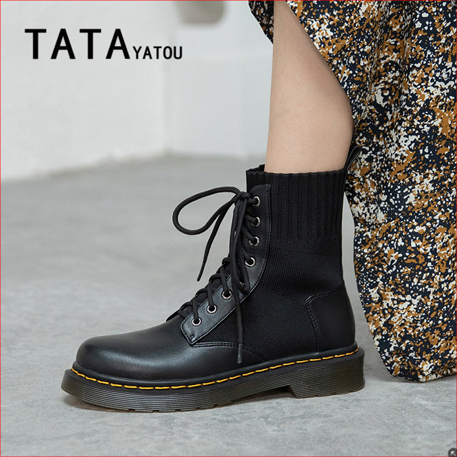 Tata Yatou his girl shoes Martin boots female English wind boots plus fluff and middle boots in tide