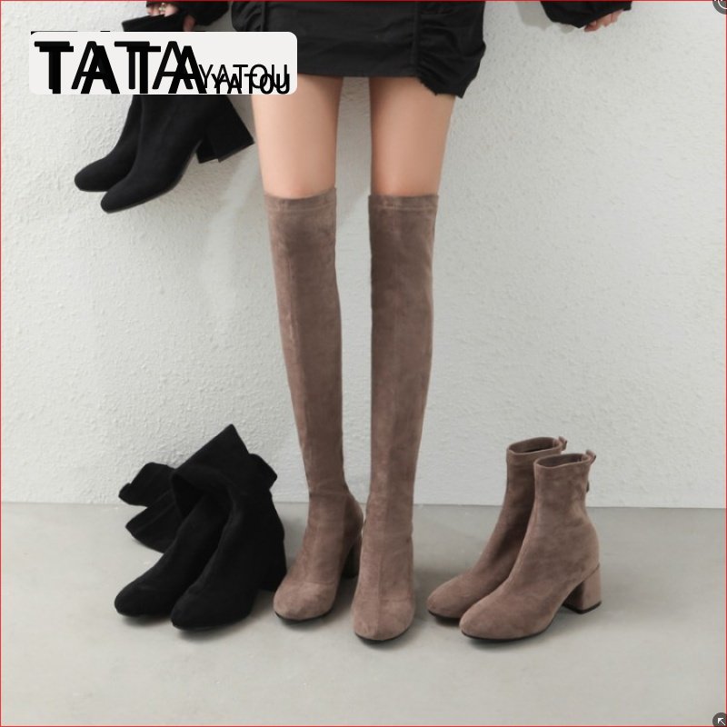 TATA YATOU He's her girl Official Knee Long Boots Woman Little Code Elastic Short Boots Big Size Slim Skinny Boots Single Boots