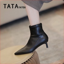 TATA YATOU Hes her girls pointy sexy slim heel high heels cat heel short boots fashion Skinny Boots Woman