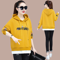 Sweater womens tide ins hooded explosions 2021 New Korean spring and autumn thin loose fake two-piece shirt