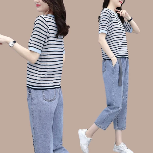 Летний комплект, футболка, джинсы, оверсайз, свободный крой, в западном стиле