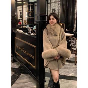 Double-sided cashmere #coat women's new high-end korean style fox fur collar cape cloak woolen coat