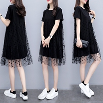 Plus size womens 2021 summer clothes New Fat MM foreign style thin belly cover belly age mesh shirt stitching dress dress